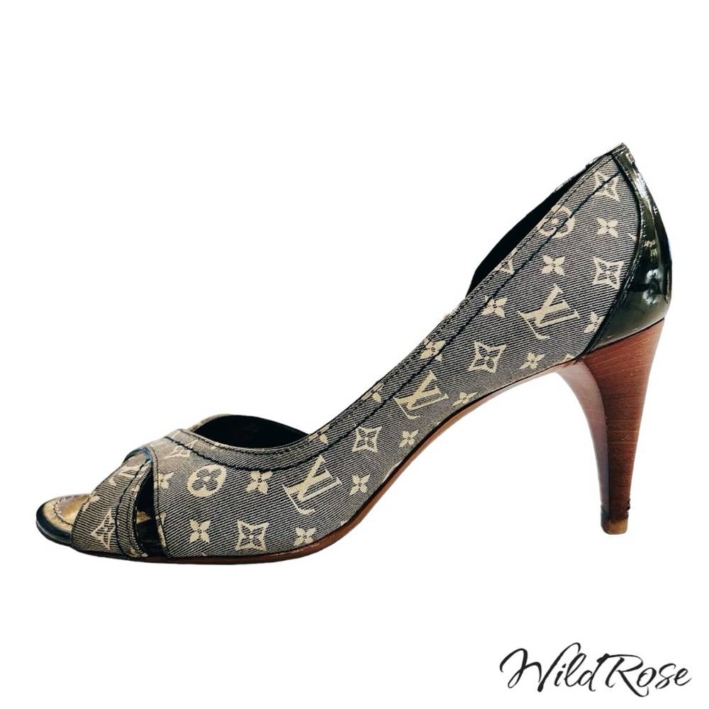 Louis Vuitton Blue Mini Lin Canvas And Patent Leather D'orsay Open Toe Pumps 37